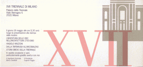 Image for Invito alla Conferenza Stampa di "L'avventura delle idee nell'architettura 1750-1980", "Angiolo Mazzoni", "Dalla tartaruga all'arcobaleno", "Storia breve della Triennale"