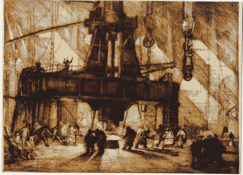 Image for Il luogo del lavoro - Il lavoro trasformato in immagini - Scene di lavoroindustriale - Acquaforte e acquatinta "Un laminatoio da tondo" della serieL'industria italiana per la guerra 1915-1918