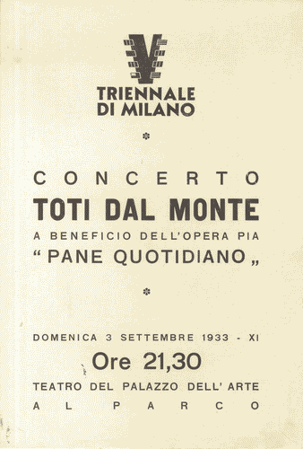 Image for Pieghevole del "Concerto Toti dal Monte a beneficio dell'Opera Pia Pane Quotidiano", con logo di Mario Sironi, e programma