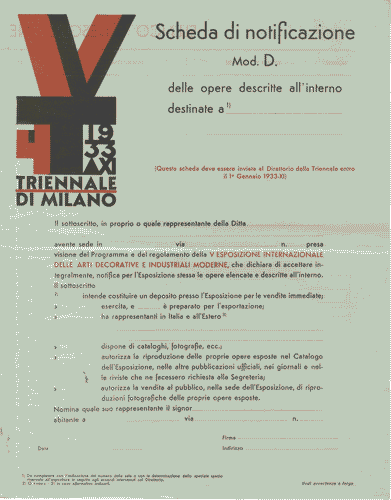 Image for Scheda di notificazione "Mod. D. delle opere descritte all'interno destinate a...", con logo di Mario Sironi, e "Avvertenze" in quarta facciata