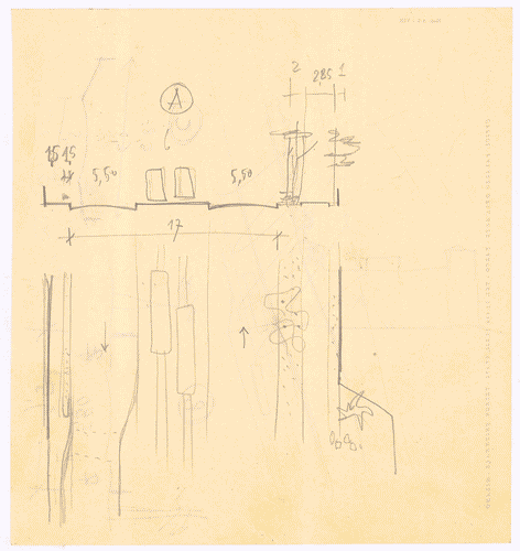 Image for Studio della sezione stradale e dell'area pedonale di via Scarampo con annotazione delle misurazioni (fronte e retro)