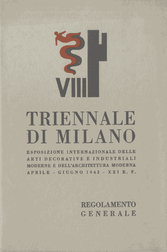 Image for "Regolamento Generale" per la VIII Esposizione del 1943, poi non realizzata, 26 pagine, con allegata domanda di partecipazione. La copertina è di colore grigio e riporta un logo simile a quello della VII Esposizione di Enrico Ciuti.