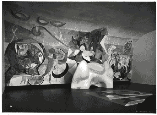 Image for IX Triennale - Palazzo dell'Arte - Scalone d'Onore e vestibolo del primo piano - Luciano Baldessari e Marcello Grisotti - Scultura astratta di Vittorio Tarvernari - Decorazione parietale di Bruno Cassinari