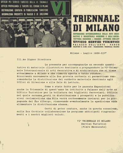 Image for Lettera intestata, dattiloscritta, del responsabile dei Servizi Turistici, Piero Mazzucato, al Direttore, con logo di Mario Sironi