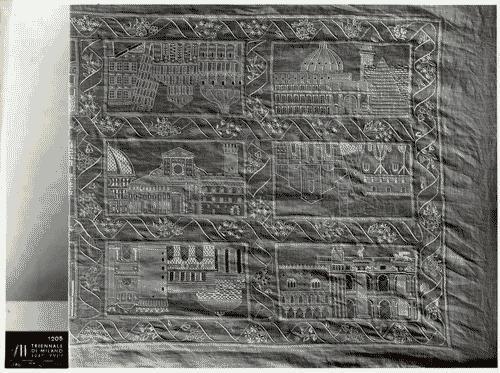 Image for VII Triennale - Mostra dei tessuti e dei ricami - Sezione dei merletti e dei ricami - Tovaglia ricamata "Le città d'Italia" di Piero Fornasetti
