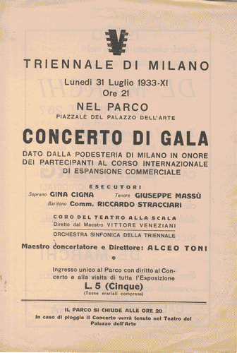 Image for Volantino di colore rosa, a quattro facciate, del "Concerto di Gala dato dalla Podesteria di Milano in onore dei partecipanti al Corso Internazionale di Espansione Commerciale", con logo di Mario Sironi e programma