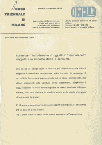 Image for Velina intestata "quartiere sperimentale 'QT8'" con "norme per l'introduzione di oggetti in 'temporanea' soggetti alla imposta di dazio e consumo"