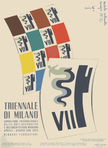 Image for Volantino "Triennale di Milano. Esposizione delle arti decorative e dell'architettura moderna. Aprile-giugno 1940-XVIII. Ribassi ferroviari", con disegno di Enrico Ciuti