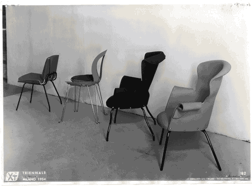 Image for X Triennale - Mostra del mobile singolo - Da sinistra: sedia di Giancarlo De Carlo, sedia di Giuseppe Gambirasio, poltroncine di Eugenio Gerli