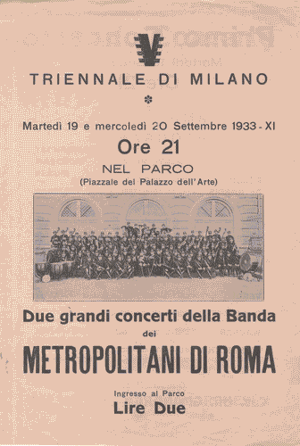 Image for Volantino, di colore rosa, dei "Due grandi concerti della Banda dei Metropolitani di Roma", con logo di Mario Sironi e programma