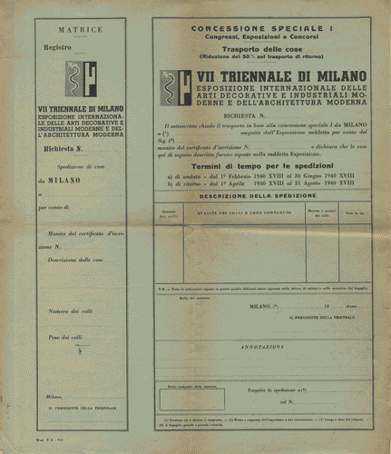 Image for Copia della "Concessione speciale Congressi, Esposizioni e Concorsi. Trasporto delle cose" (Mod. S/4 - VII), di colore verde, con logo di Enrico Ciuti