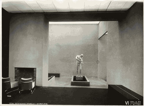 Image for VI Triennale - Mostra dell'arredamento - Stanza di soggiorno nella casa di un collezionista d'arte di Agnoldomenico Pica - Il giardino d'inverno con la vasca e la statua "Orfeo" di Leone Lodi