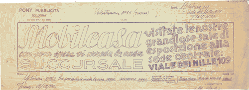 Image for Bozzetto per pubblicità "succursale Mobilcasa con poca spesa vi arreda la casa. Visitate le nostre grandiose sale di esposizione alla sede centrale: viale dei Mille, 109"