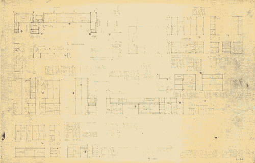 Image for Architettura ospedaliera. Lovell Health House, LA. Dettagli mobili per cucina. Annotazioni manoscritte