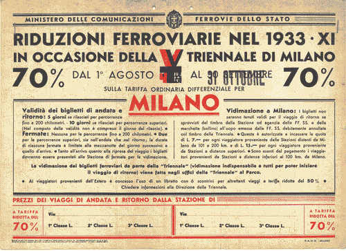 Image for Cartello promozionale per mezzo pubblico del Ministero delle Comunicazioni - Ferrovie dello Stato "Riduzioni ferroviarie nel 1933-XI in occasione della V Triennale di Milano"