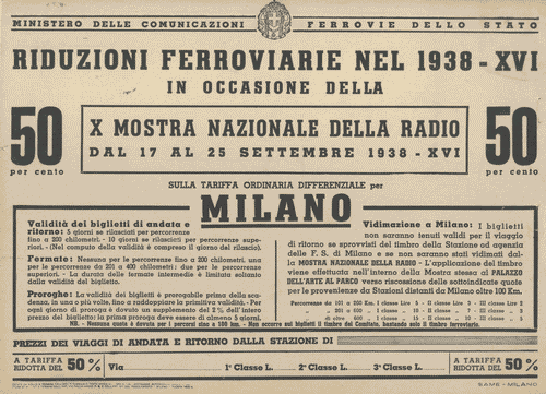Image for Cartello promozionale per mezzi pubblici nero su bianco delle "Riduzioni ferroviarie nel 1938-XVI in occasione della X Mostra Nazionale della Radio dal 17 al 25 settembre 1938-XVI"