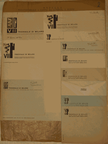 Image for Carte da lettera e buste intestate "Il Segretario dell'Ente", con logo della VII Triennale, fissate su un foglio di supporto