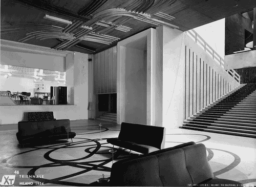 Image for X Triennale - Palazzo dell'Arte - Atrio e vestibolo del piano terreno - Pavimento a intarsio policromo disegno di Roberto Crippa - Soffitto disegno di Gianni Dova