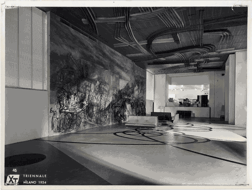 Image for X Triennale - Palazzo dell'Arte - Atrio e vestibolo del piano terreno - Pavimento a intarsio policromo disegno di Roberto Crippa - Soffitto disegno di Gianni Dova - Pittura murale "la trebbiatura" di Giuseppe Zigaina