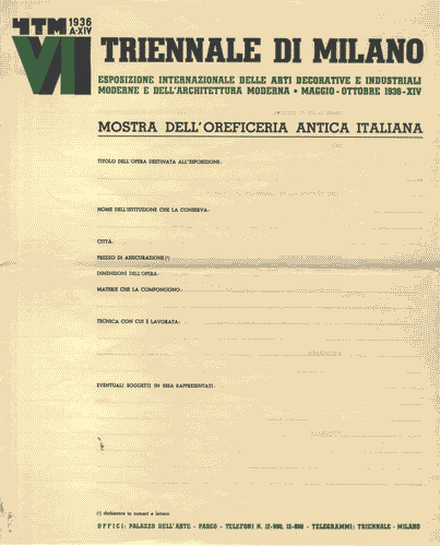 Image for Modulo prestampato "Mostra dell'oreficeria italiana" da compilare con i dati delle opere da esporre alla Triennale, con logo di Mario Sironi