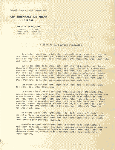 Image for Presentazione dattiloscritta della Sezione Francese, su carta intestata "Comité Français des Expositions. XIIe Triennale de Milan 1960. Section Française"