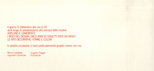 Image for Invito alla Conferenza Stampa per "Asplund e Lewerentz", "I modi del design. Dieci anni di oggetti visti da Modo", "Le arti decorative: forme e colori"