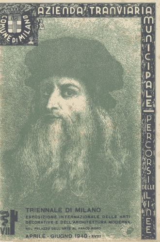 Image for Pieghevole dei "Percorsi delle linee" dell'Azienda Tranviaria Municipale, con intestazione della Triennale e logo di Enrico Ciuti sopra alla stampa di un disegno rappresentante Leonardo da Vinci in colore verde. Contiene l'elenco delle linee e dei percorsi e una mappa del centro di Milano, disegnata dal Cavalier Otello Busetti