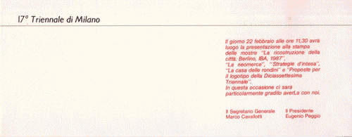 Image for Invito alla Conferenza Stampa di "la ricostruzione della città di Berlino. Berlino, IBA,1987", "Le affinità elettive", "La neomerce", "Strategie d'intesa", "La casa delle rondini", "Proposte per il logotipo della 17 Triennale"