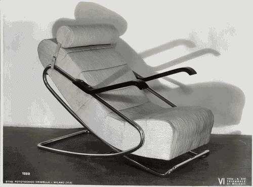 Image for VI Triennale - Mostra dell'arredamento - Sala di attesa per lo studio di un medico di Piero Bottoni e Mario Pucci - Poltrona a telaio incrociato con sospensione elastica e imbottitura di gommapiuma