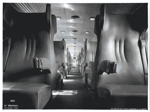Image for IX Triennale - Mostra internazionale dell'architettura in movimento - Mezzi di trasporto terrestri su rotaia. Parco ferroviario - Interno di una carrozza ferroviaria