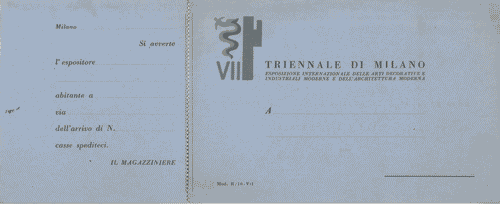 Image for Cartoncino, con matrice da staccare, di colore azzurro, per la comunicazione agli espositori dell'arrivo di casse al Magazzino (Mod. R/10 - VII), con logo di Enrico Ciuti