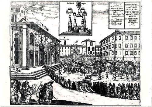 Image for XVI Triennale - Terzo ciclo - Conoscenza della città - La città rituale. La città e lo stato di Milano, nell'età dei Borromeo - Stampa della Piazza Duomo nel 1650 durante il funerale dell'arcivescovo Cesare Monti
