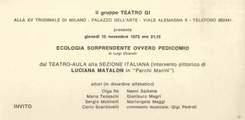Image for Invito allo spettacolo "Ecologia sorpendente ovvero pedicomio" di Luigi Chiarelli (15 novembre 1973)