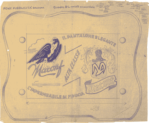 Image for Bozzetto per insegna pubblicitaria "Maconf l'impermeabile di fiducia - Alta classe - Maconf il pantalone elegante"