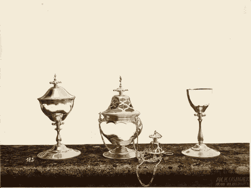 Image for II Biennale - Sezione d'arte sacra - Pisside, incensiere e calice, su disegno di Ugo Zanchetta