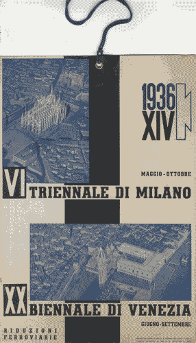 Image for Cartello promozionale per mezzi pubblici "VI Triennale di Milano. XX Biennale di Venezia. Riduzioni ferroviarie", di colore blu