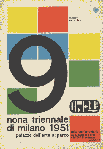 Image for Cartello promozionale per mezzi pubblici "nona triennale di Milano 1951. Riduzioni ferroviarie"