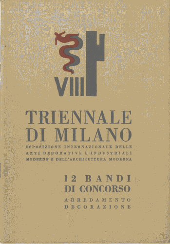 Image for Opuscolo "12 Bandi di Concorso. Arredamento Decorazione" per la VIII Esposizione del 1943, poi non realizzata, 43 pagine. La copertina è di colore ocra e riporta un logo simile a quello della VII Esposizione di Enrico Ciuti