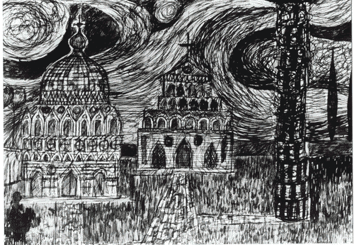 Image for Le città immaginate - Un viaggio in Italia. Sezione storica - Da Grossetoalla Versilia (eterotopie) - Disegno a china "Disegni italiani, I tre monumenti di Pisa" di John Hejduk