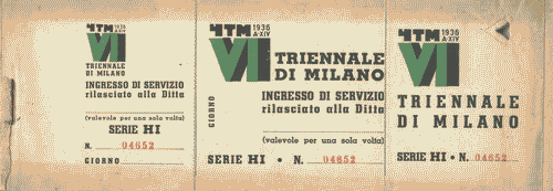 Image for Blocchetto di biglietti d'ingresso di servizio per le ditte espositrici (serie HI), di colore bianco, con logo di Mario Sironi