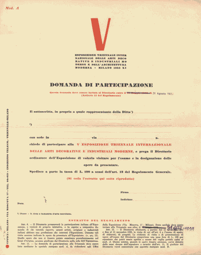 Image for Domanda di partecipazione (Mod. A), con logo rivisitato della V Triennale di Milano
