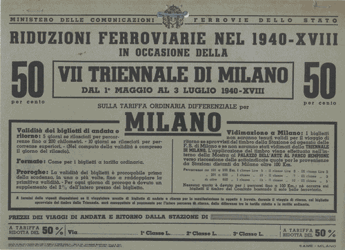 Image for Cartello promozionale per mezzi pubblici nero su grigio delle "Riduzioni ferroviarie nel 1940-XVIII in occasione della VII Triennale di Milano"