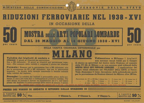 Image for Cartello promozionale per mezzi pubblici nero su arancione delle "Riduzioni ferroviarie nel 1938-XVI in occasione della Mostra delle Arti Popolari Lombarde dal 26 maggio al 14 giugno 1938-XVI"