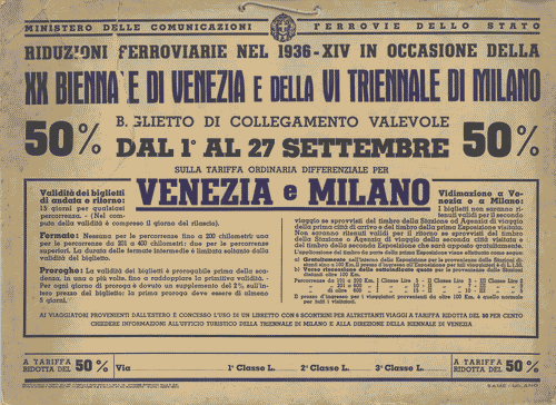 Image for Cartello promozionale per mezzo pubblico "Riduzioni Ferroviarie nel 1936-XIV in occasione della XX Biennale di Venezia e della VI Triennale di Milano"
