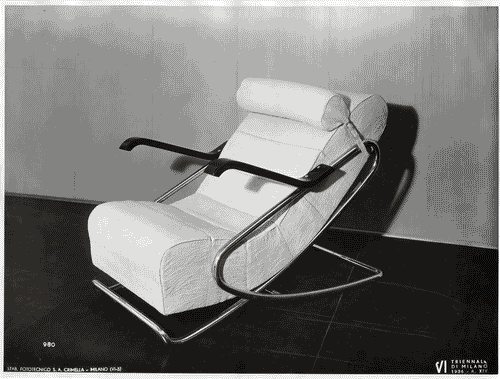 Image for VI Triennale - Mostra dell'arredamento - Sala di attesa per lo studio di un medico di Piero Bottoni e Mario Pucci - Poltrona a telaio incrociato con sospensione elastica e imbottitura di gommapiuma