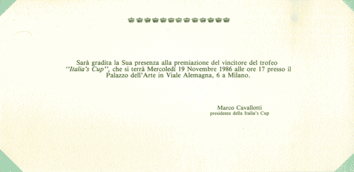 Image for Invito alla premiazione del trofeo "Italia's Cup" del 1986
