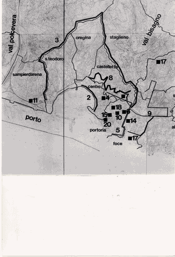 Image for XVI Triennale - Secondo ciclo - Conoscenza della città - Quadro produttivo delle Facoltà di architettura italiane - Planimetria schematica di Genova della distribuzione degli interventi significativi delle trasformazioni urbane
