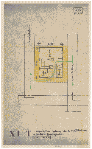 Image for Mostra internazionale dell'abitazione. Alloggio francese. Segni a matita colorata. Indicazione percorso di visita