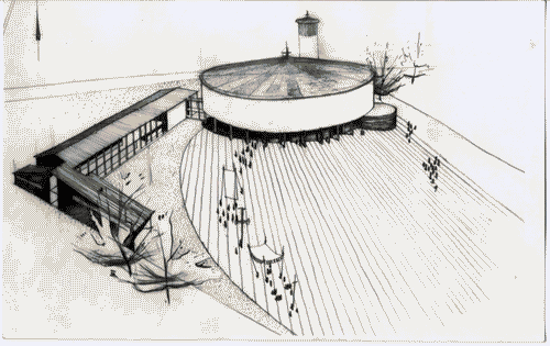 Image for IX Triennale - Quartiere sperimentale della Triennale di Milano (QT8) - Progetto della Chiesa di Vico Magistretti e Mario Tedeschi - Prospettiva del complesso parrocchiale