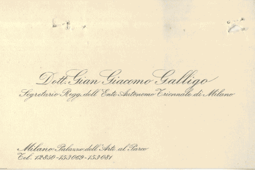Image for Biglietto da visita del Dott. Gian Giacomo Galligo, segretario della Triennale, con annotato l'indirizzo di Erland Billig